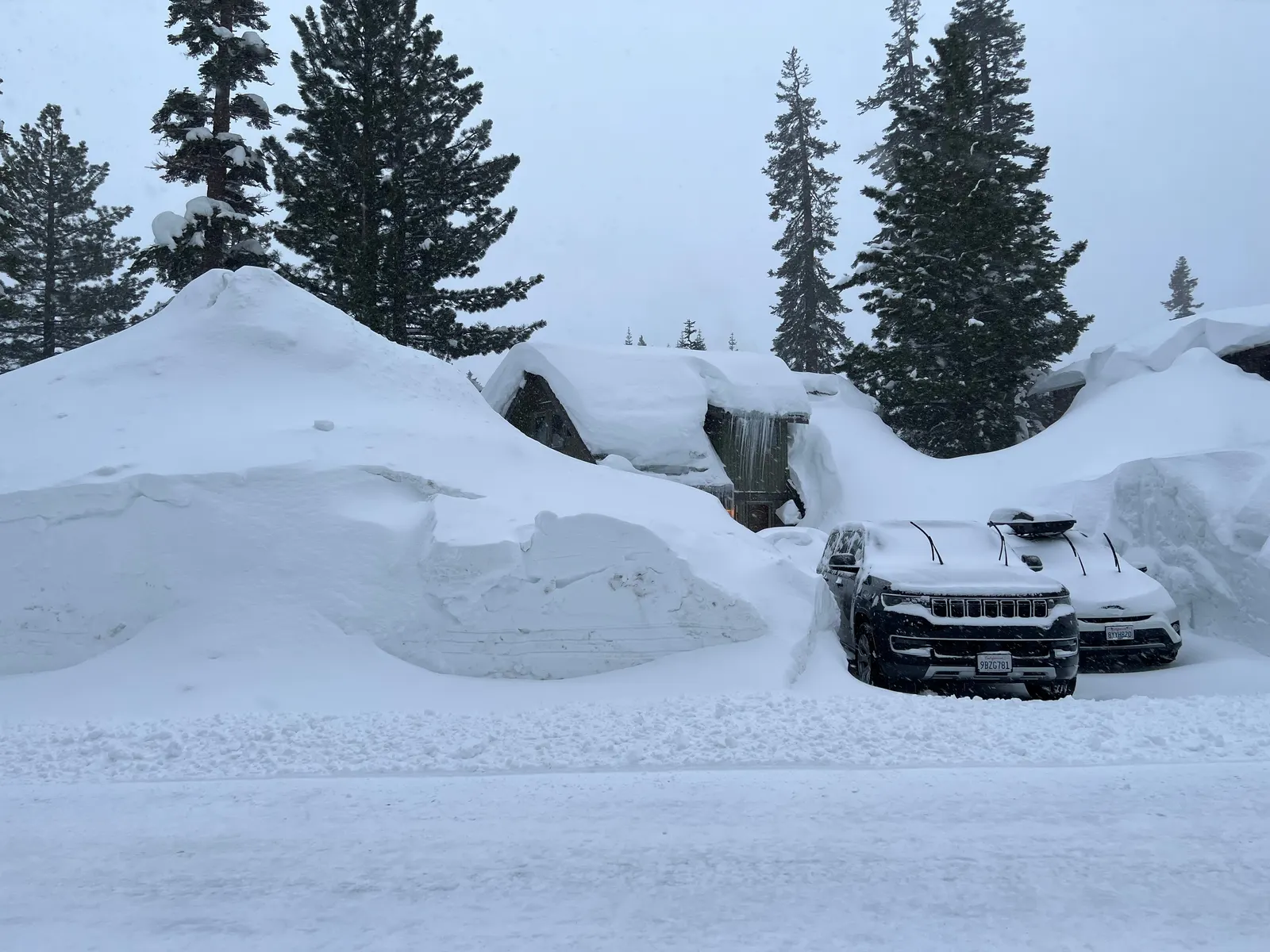 Cars covered in snow during Mammoth's 2023 winter