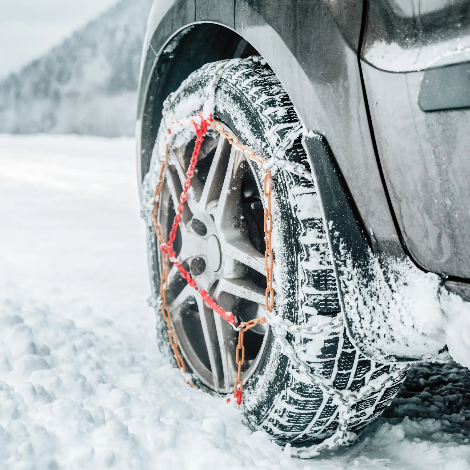 Snow chains on a car