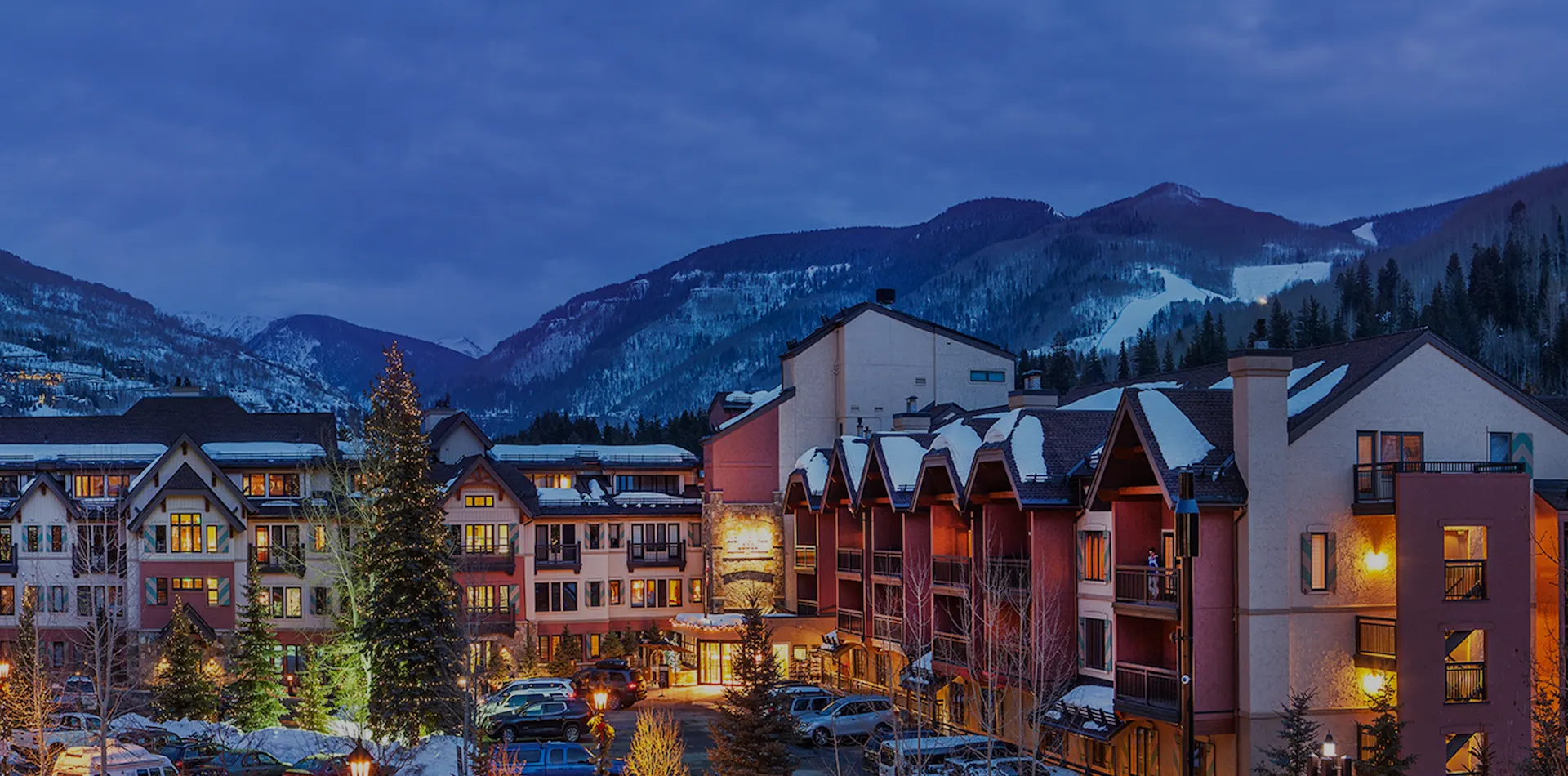 Lion Square Lodge at dusk, Vail